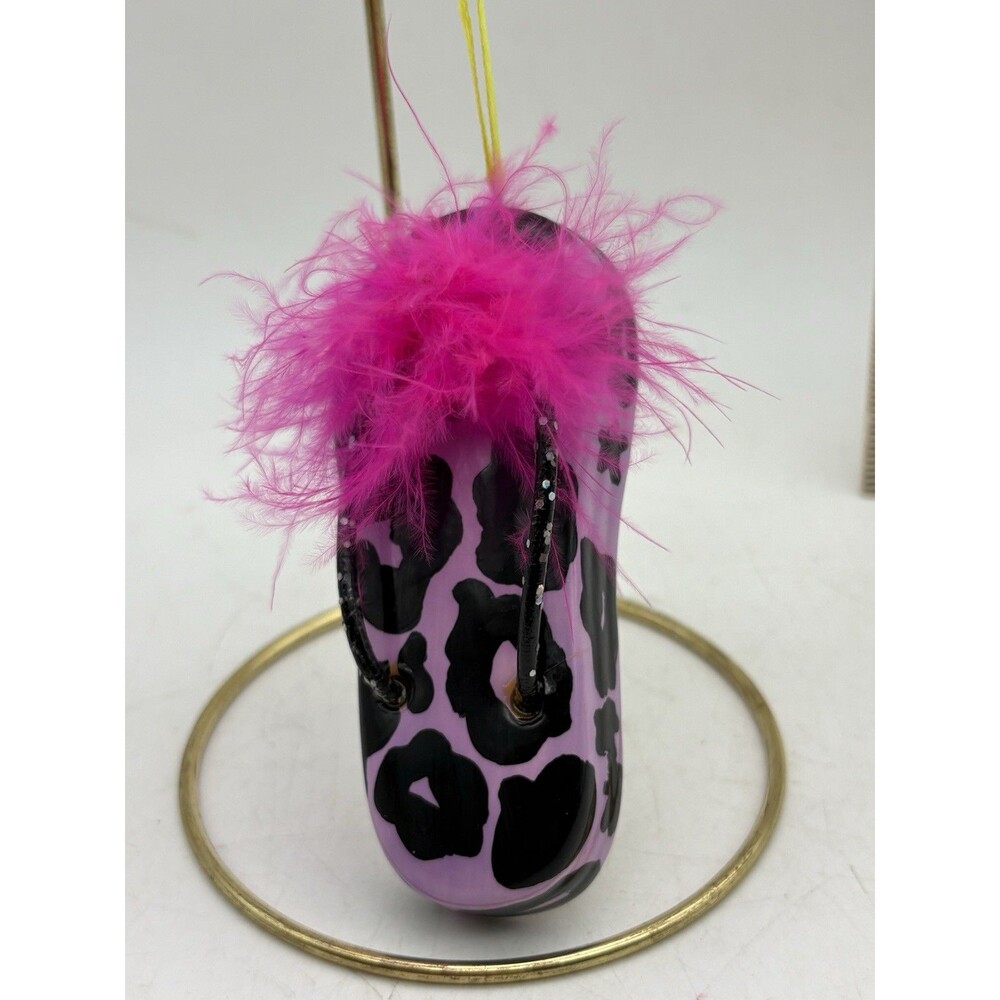 Pink Leopard Print Clog Shoe Christmas Ornament Feather Trim Fashion